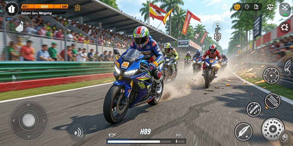 Tampilan gameplay menegangkan dalam balapan motor H89.