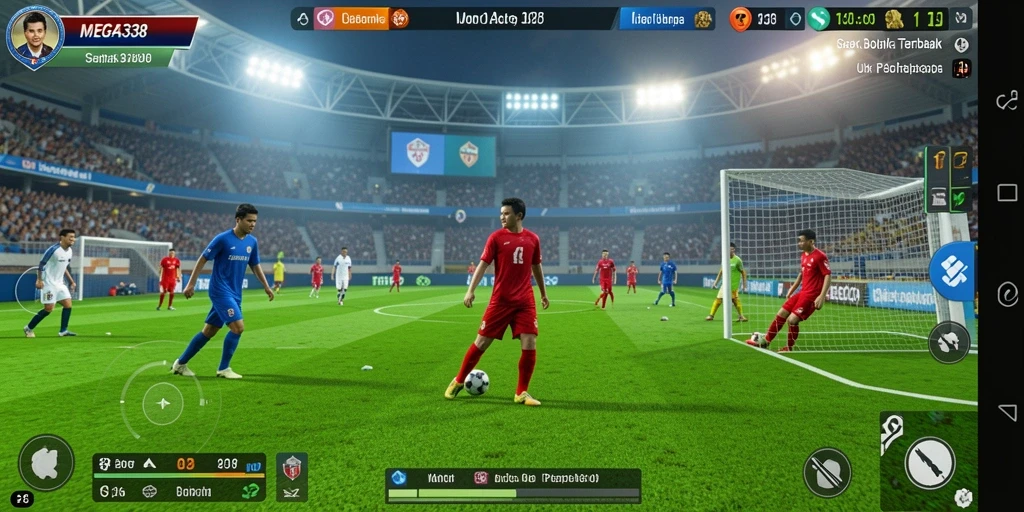 Tangkapan layar gameplay MEGA338 dengan aksi sepak bola yang intens.
